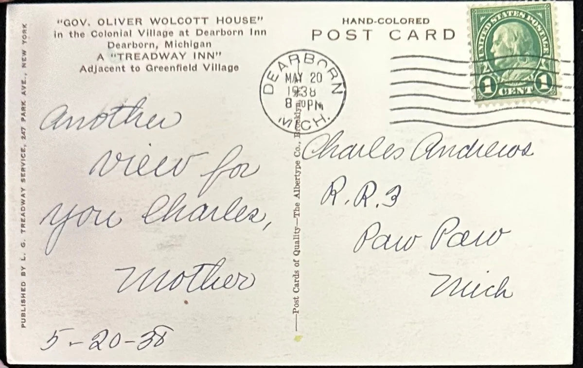 Governor Oliver Walcott House, Dearborn, Michigan - Vintage Postcard