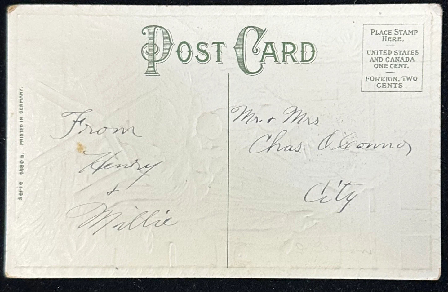 Vintage postcard with handwritten addresses on a white background