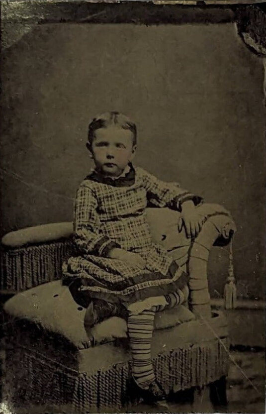 Victorian Era Tin Type of Small Child in Victorian Clothes with Hand Painted Cheeks - 1856-1878