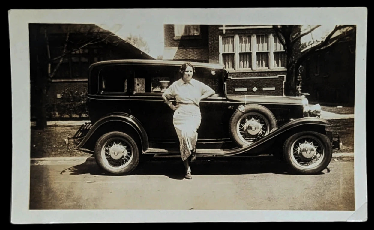 Black and White Photo of a Lady and a 1930s Ford Car - A Real Beauty - Classic Car with a Classic Lady