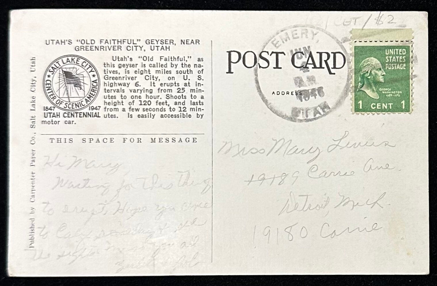 Utah’s “Old Faithful” Geyser - Green River, Utah - 1946 Linen Postcard