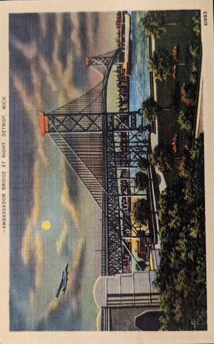 Ambassador Bridge at Night - Detroit, Michigan - 1940s Linen Postcard
