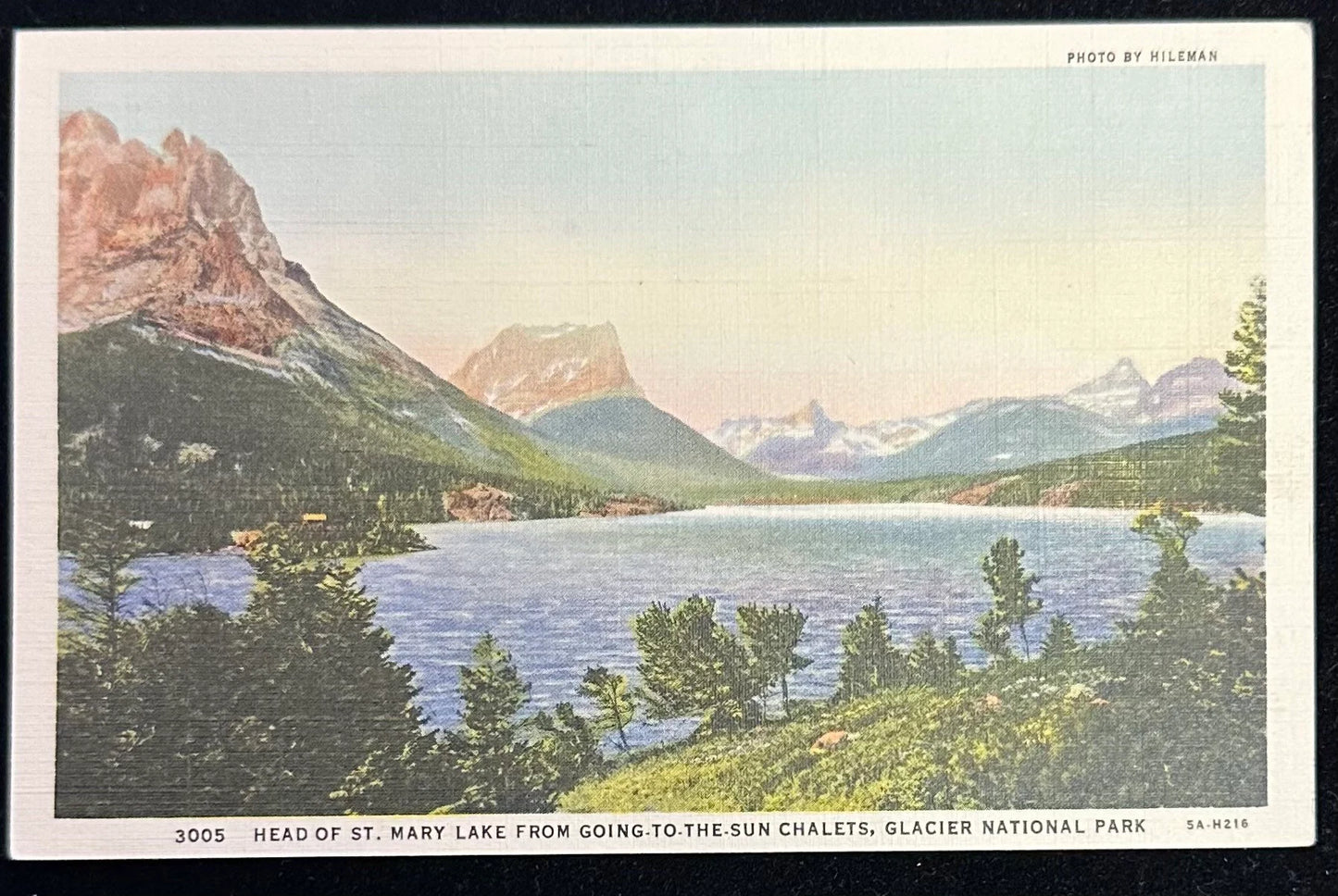 3005 Head of St. Mary Lake from Going to the Sun Chalets, Glacier National Park - Linen Vintage Postcard