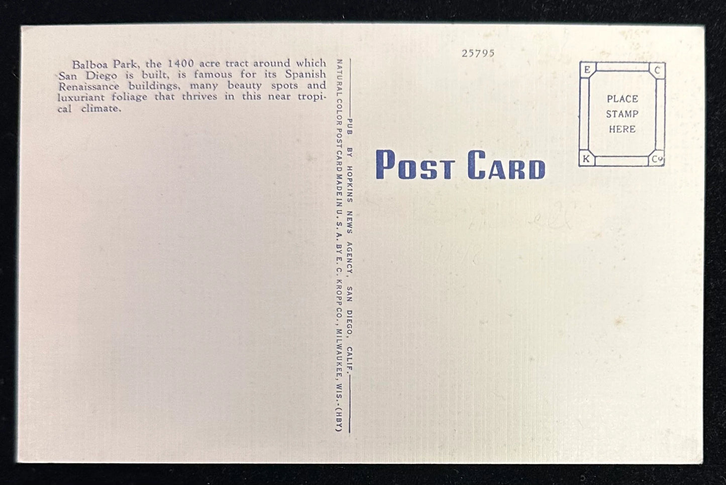Laurel Street Entrance, Balboa Park, San Diego, California - Linen Vintage Postcard