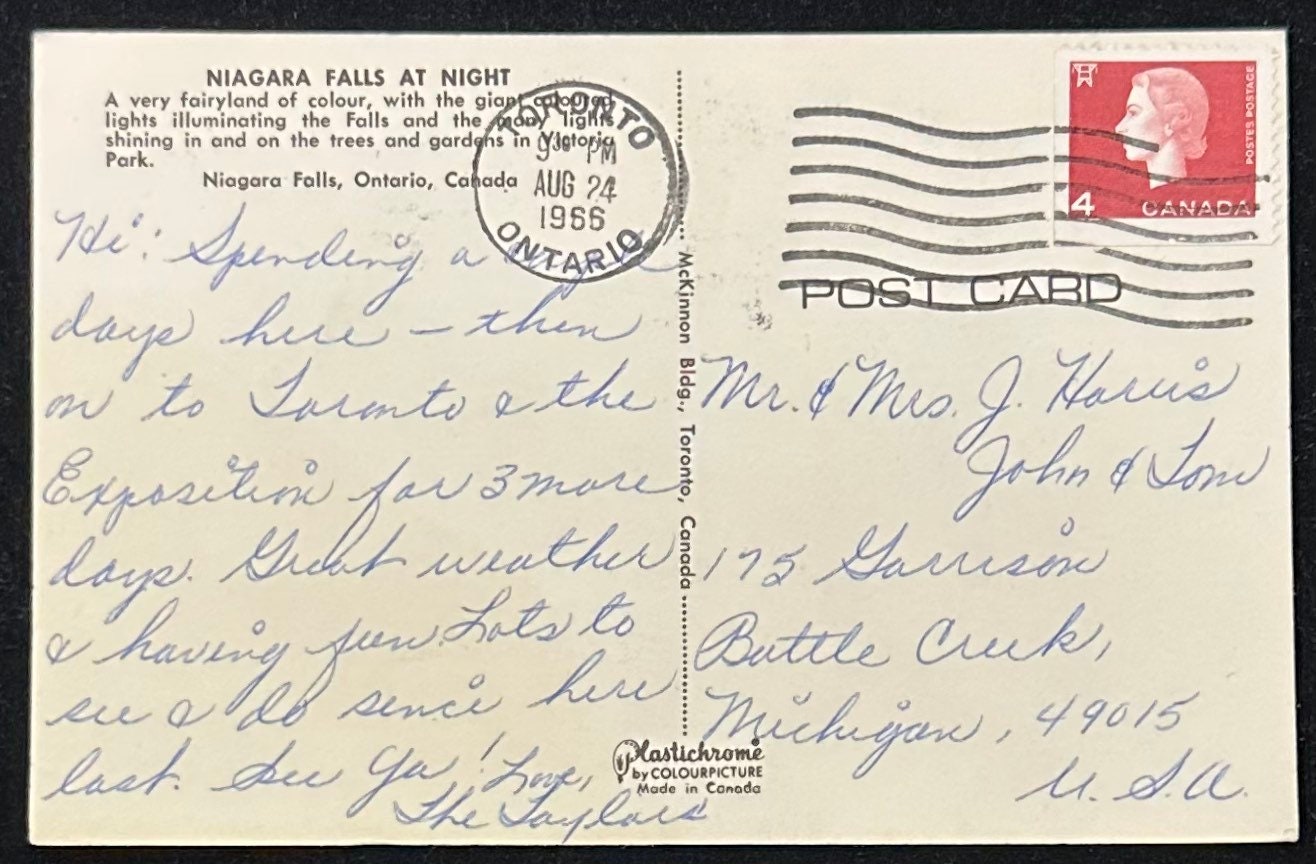Niagara Falls at Night - Niagara Falls, Ontario, Canada - Vintage Postcard