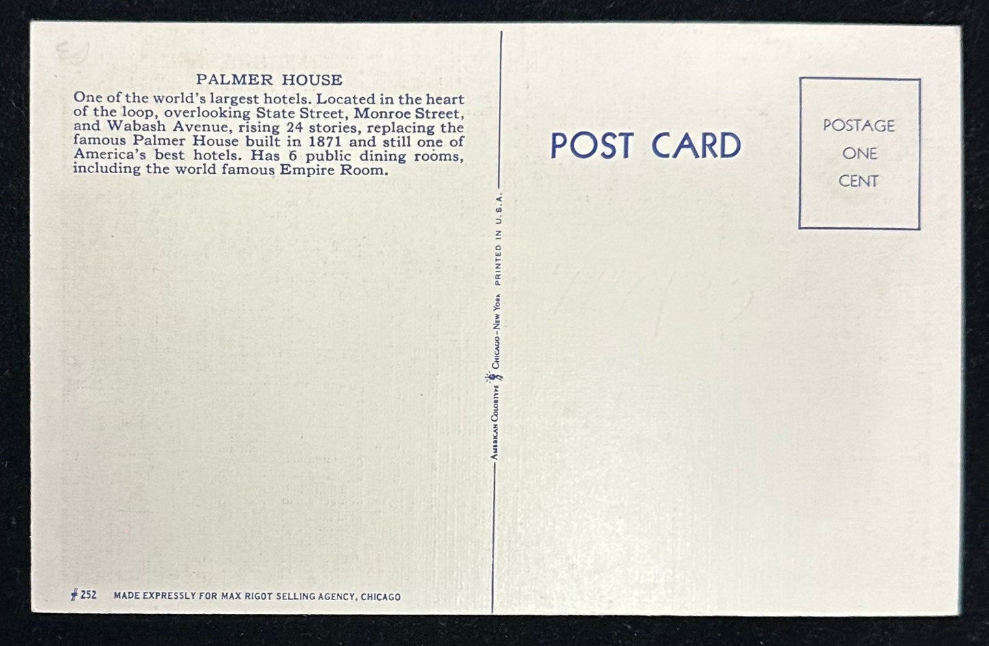 Palmer House - Chicago, Illinois - 1940s Linen Postcard