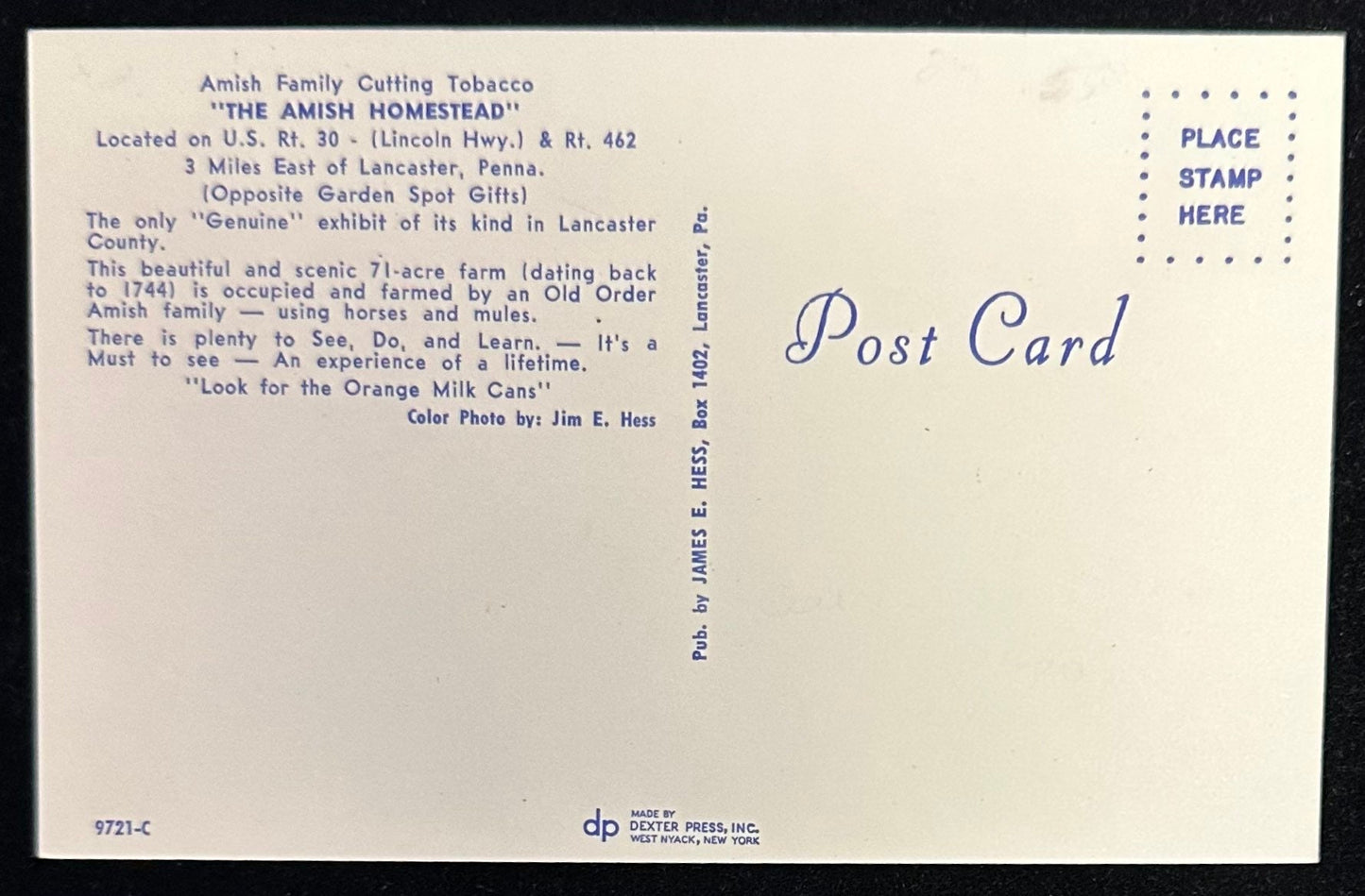 The Amish Homestead, Penn.- Jim Hess Photograph Vintage Postcard