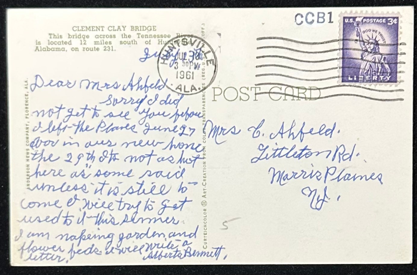 Clement Clay Bridge - Huntsville, Alabama - Vintage Postcard