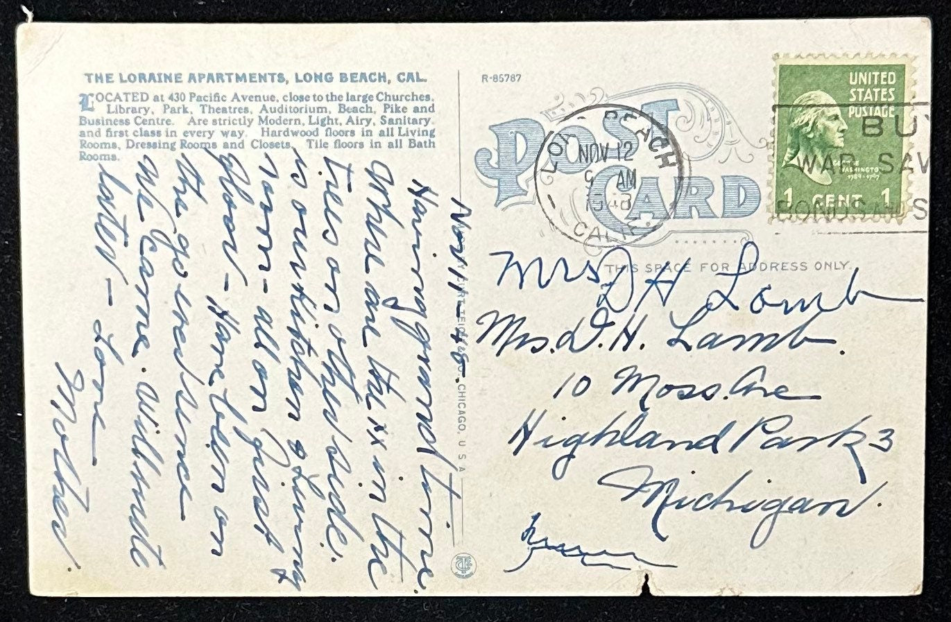 Loraine Apartments - Long Beach, Calif. - Vintage Postcard