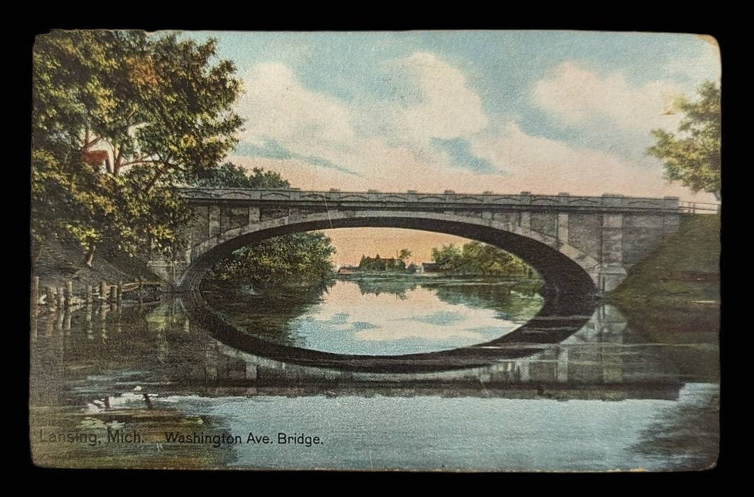 Washington Avenue Bridge - Lansing, Michigan - Vintage 1910 Postcard