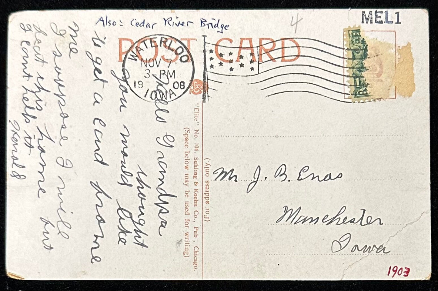 Melan Arch Bridge - Wangler Bros., Dist. - Waterloo, Iowa - 1908 Postcard