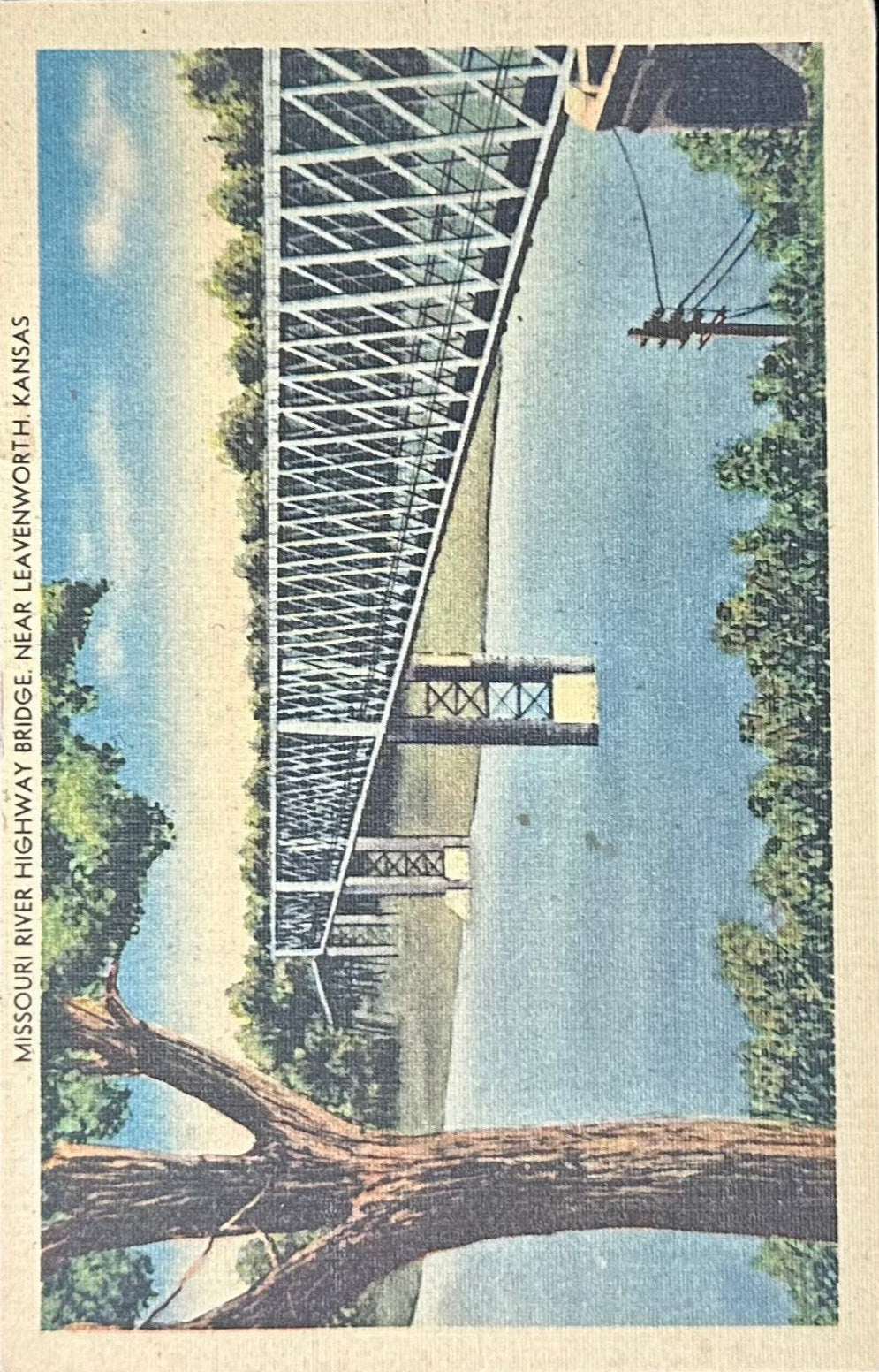 Missouri River Highway Bridge - Leavenworth, Kansas - 1940s Linen Postcard