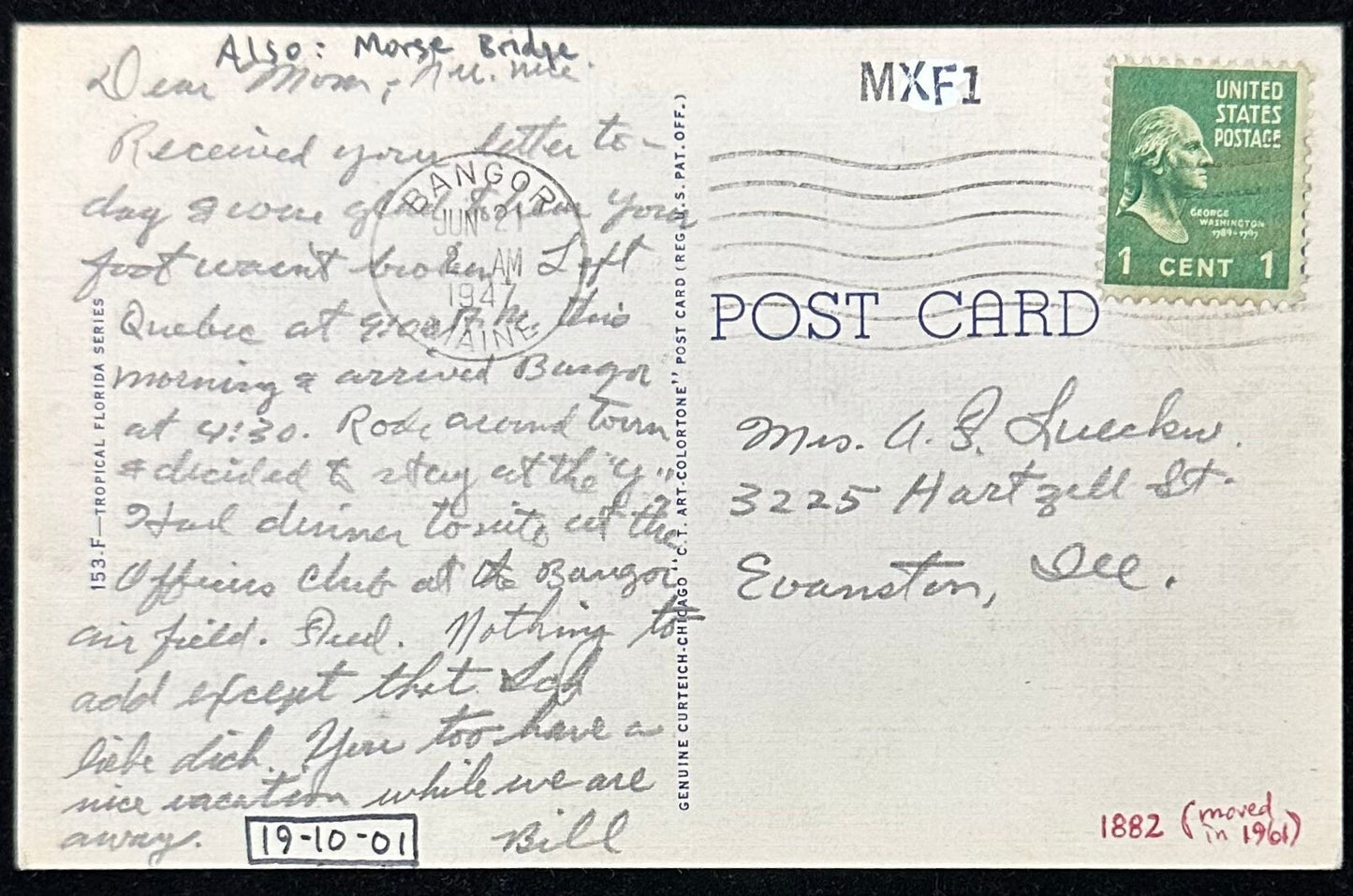 Wooden Bridge - “Maxfield’s Bridge” - Bangor, Maine - 1940s Linen Postcard