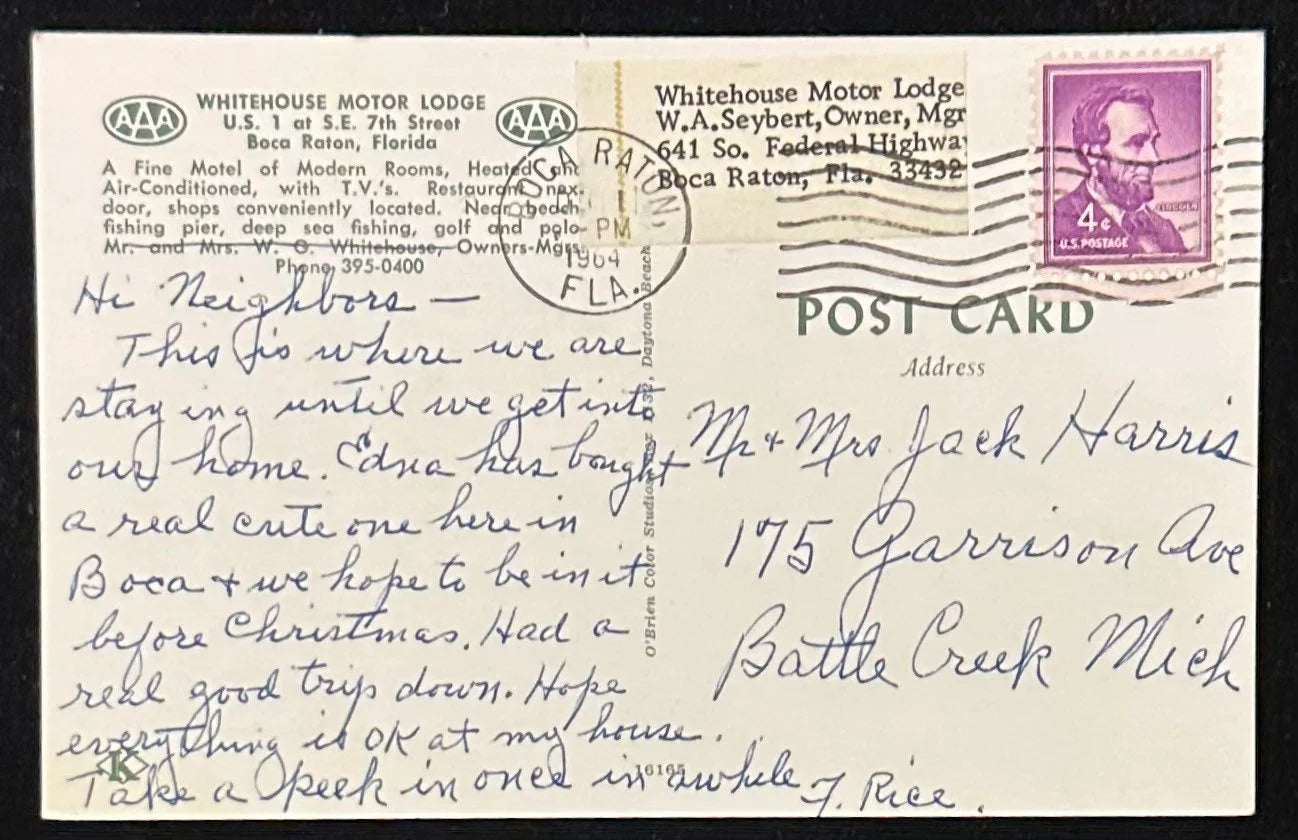 Whitehouse Motor Lodge - Boca Raton, Florida - Vintage Postcard