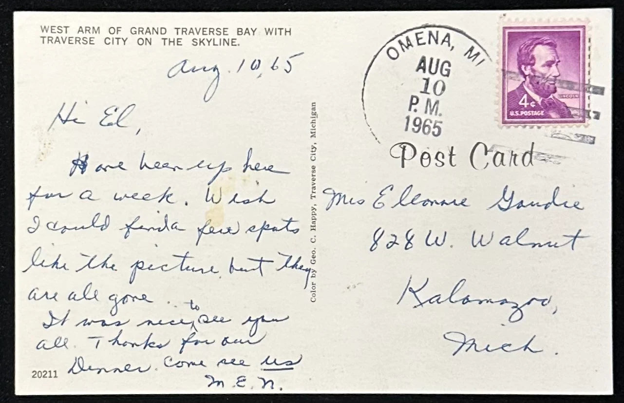 West Arm of Grand Traverse Bay with Traverse City on the Skyline, Michigan - Vintage Postcard