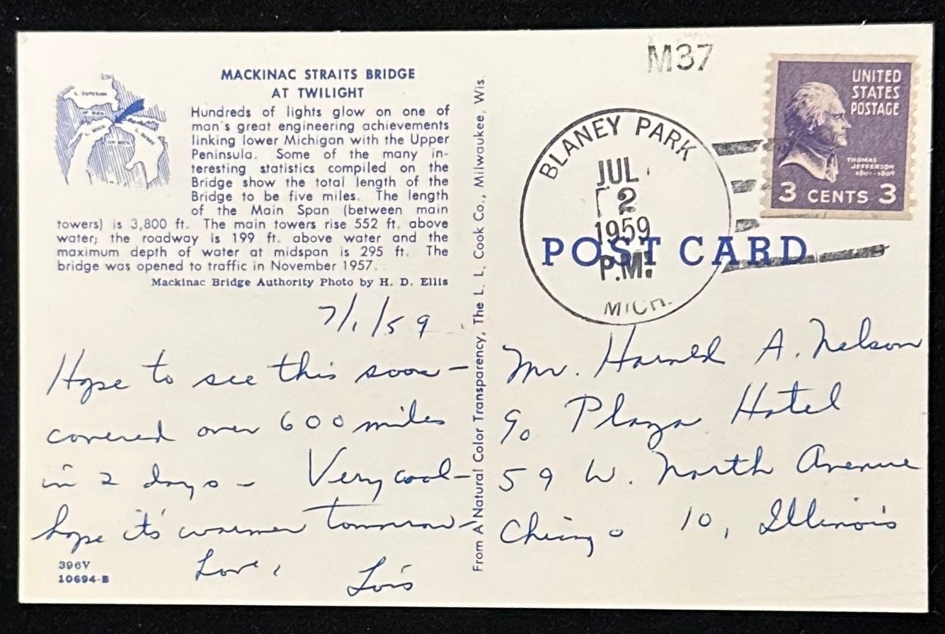 Mackinac Straits Bridge at Twilight, Michigan - Vintage Postcard