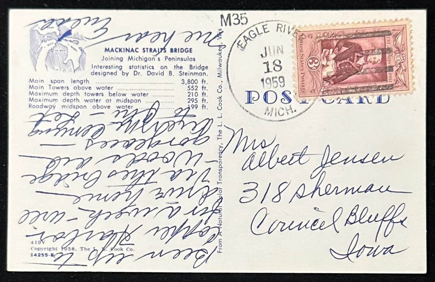 The Mackinac Bridge - Michigan Vintage Postcard