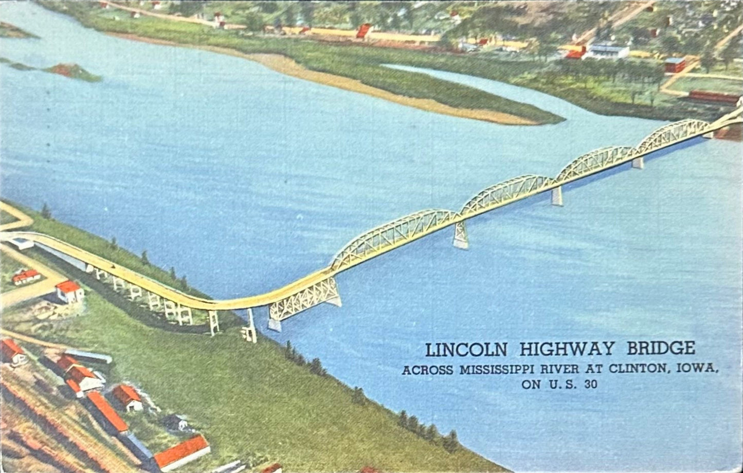Lincoln Highway Bridge - Across Mississippi River at Clinton, Iowa on US 30 - Linen Vintage Postcard