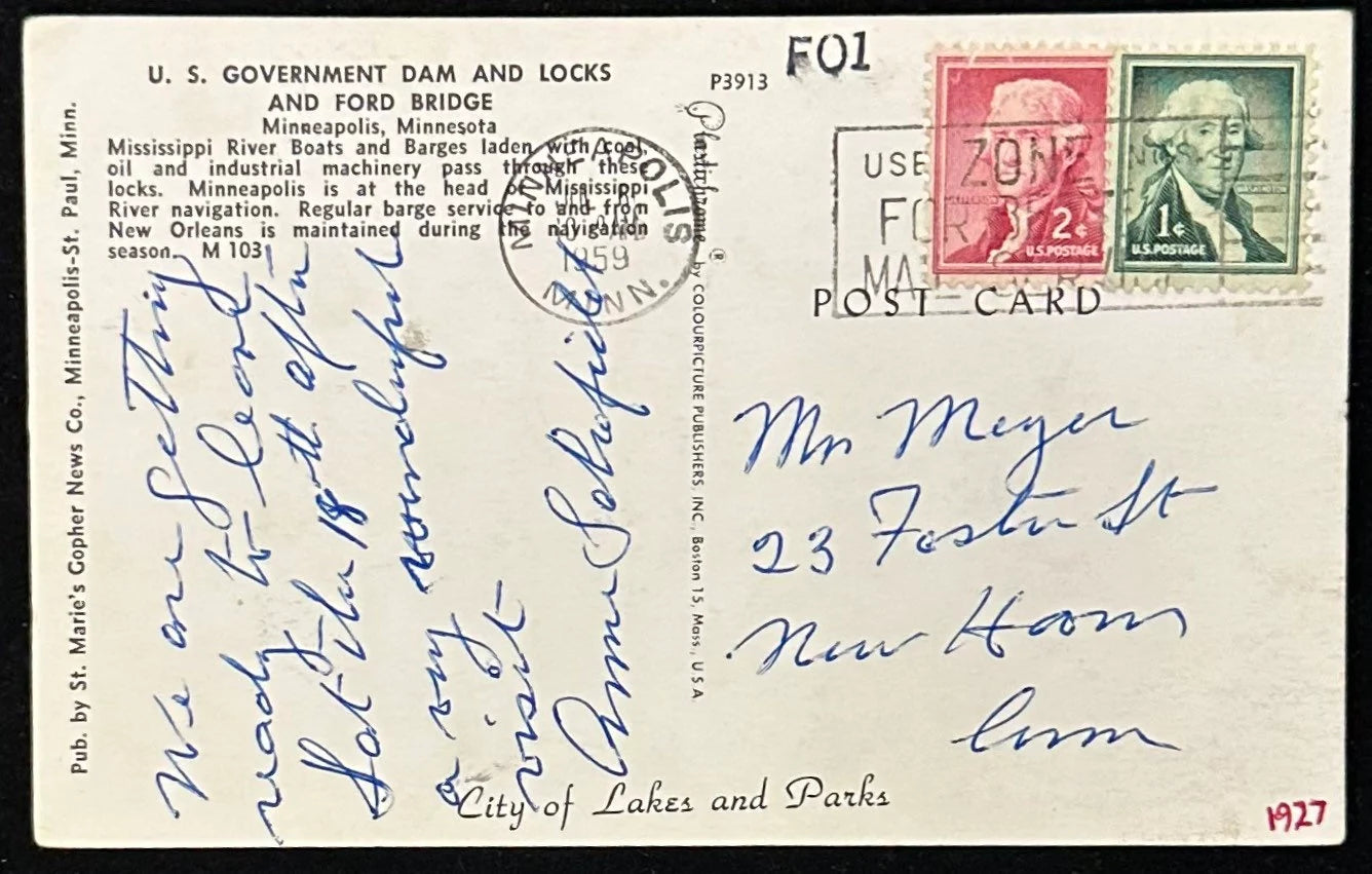 US Government Dam and Locks and Ford Bridge - Minneapolis, Minnesota - Vintage Postcard