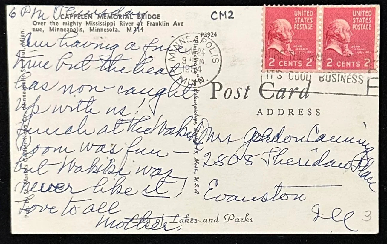 Cappelen Memorial Bridge - Minneapolis, Minnesota - 1954 Postcard