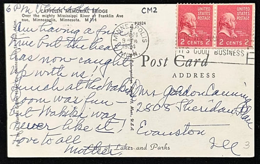 Cappelen Memorial Bridge - Minneapolis, Minnesota - 1954 Postcard