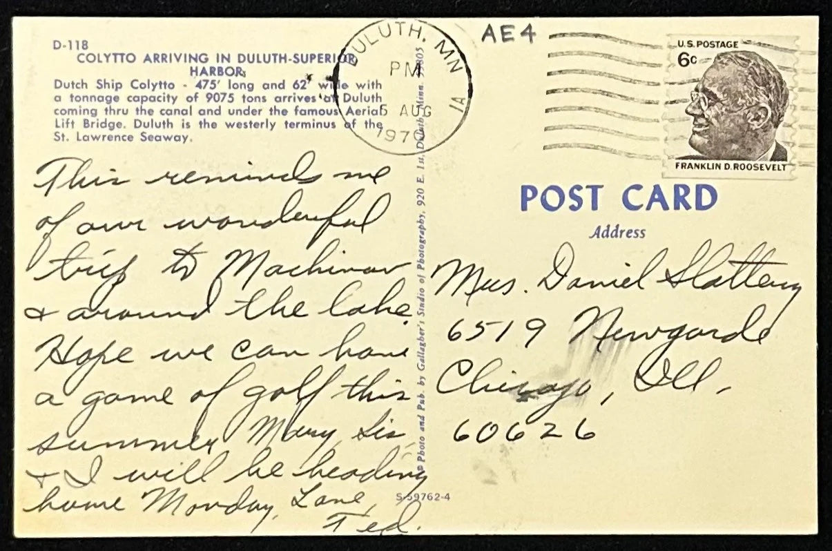 Colytto Arriving in Duluth-Superior Harbor - Minnesota Vintage Postcard