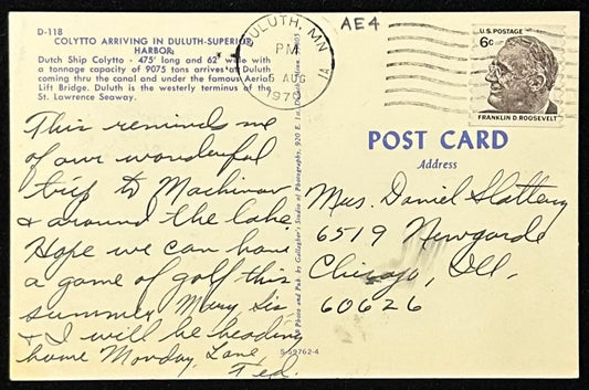 Colytto Arriving in Duluth-Superior Harbor - Minnesota Vintage Postcard