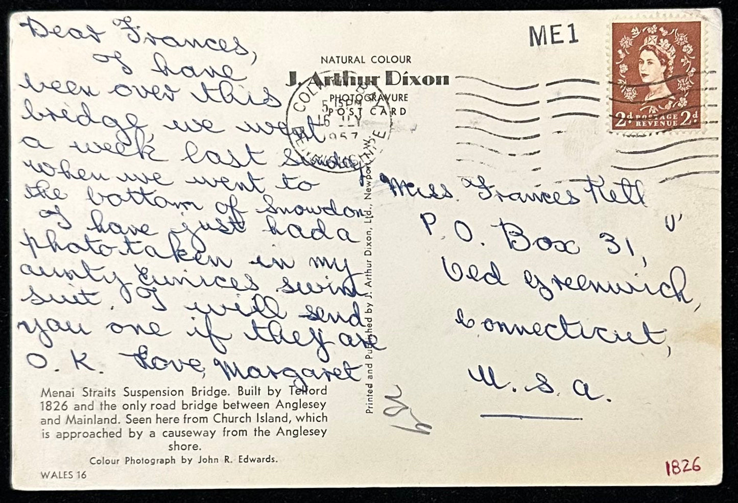 Menai Straits Suspension Bridge - 1957 Postcard