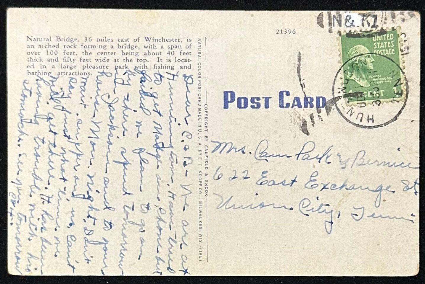 Natural Bridge - “In Old Kentucky” - 1940s Linen Postcard