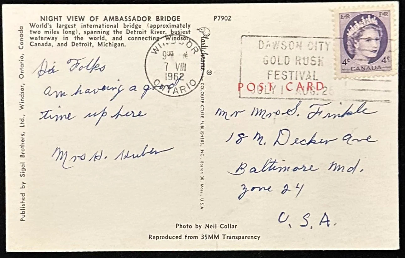 Night View of Ambassador Bridge, Canadian-American International Bridge - Vintage Postcard