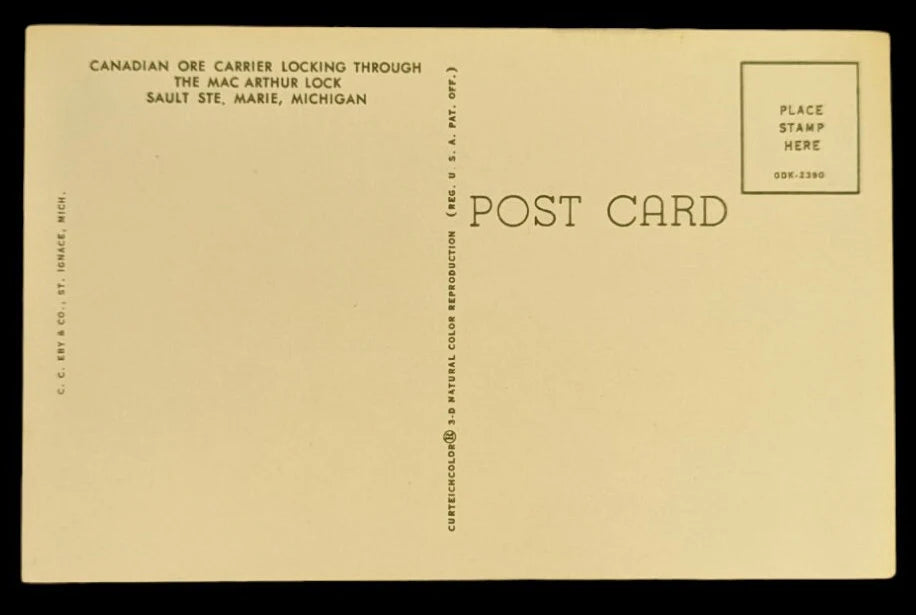 Canadian Ore Carrier - Mac Arthur Lock - Sault Ste. Marie, Michigan - Vintage Postcard