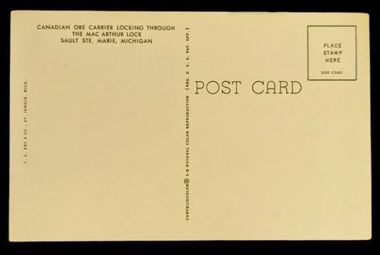 Canadian Ore Carrier - Mac Arthur Lock - Sault Ste. Marie, Michigan - Vintage Postcard