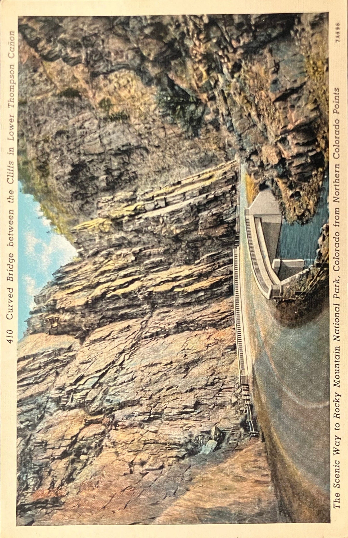 Curved Bridge between the Cliffs - Lower Thompson Cañon - The Scenic Way to Rocky Mountain National Park, Colorado - Vintage Postcard