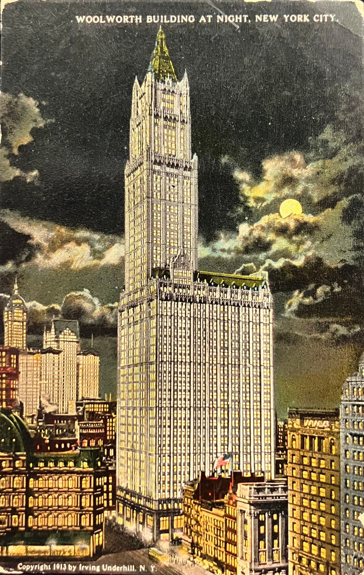 Woolworth Building at Night, 19202s New York City - Copyright 1913 by Irving Underhill N. Y. - Vintage Postcard