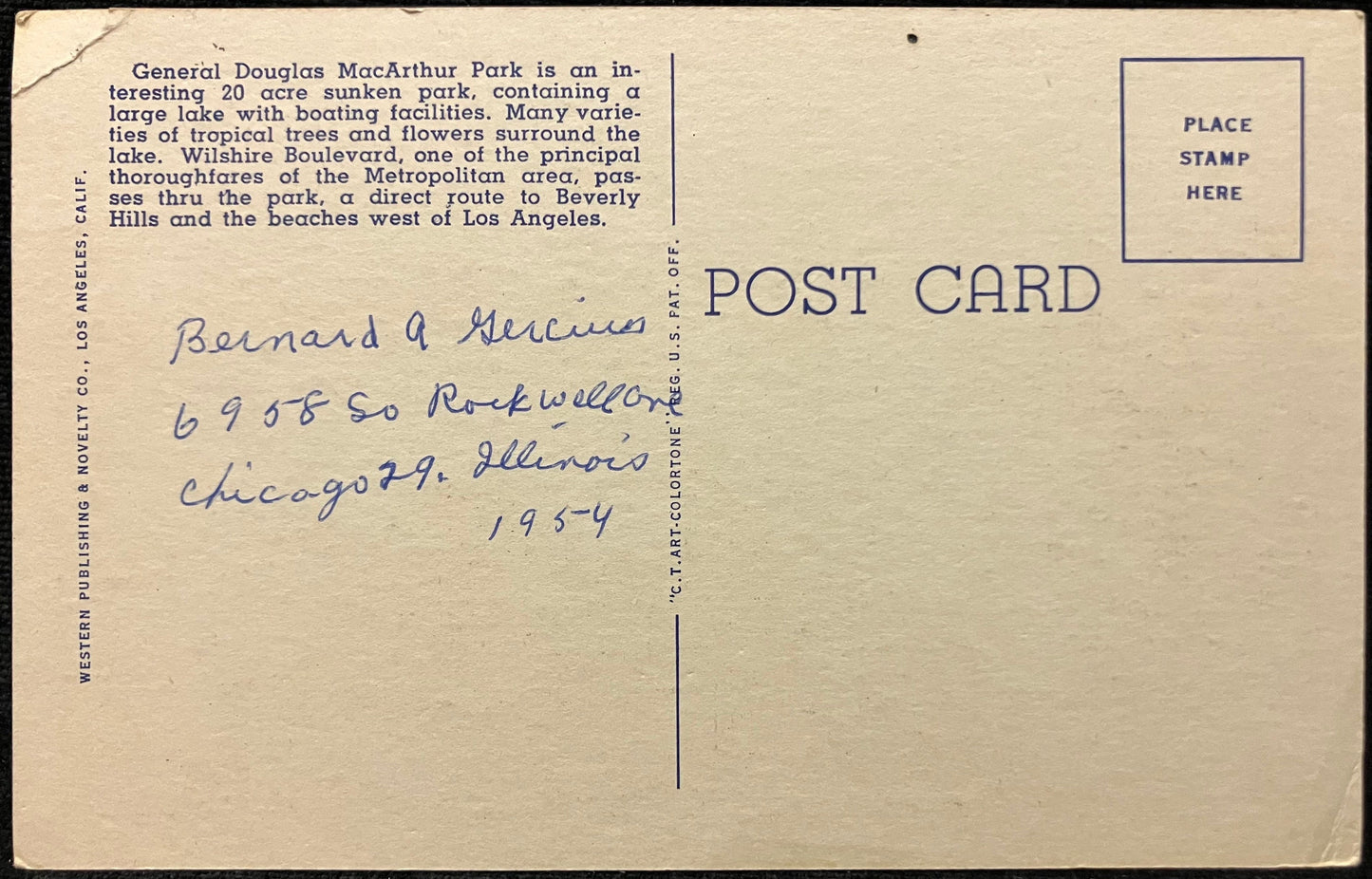 General Douglas MacArthur Park showing Wilshire Boulevard and the Westlake Shopping District. - Los Angeles, California - Linen Postcard
