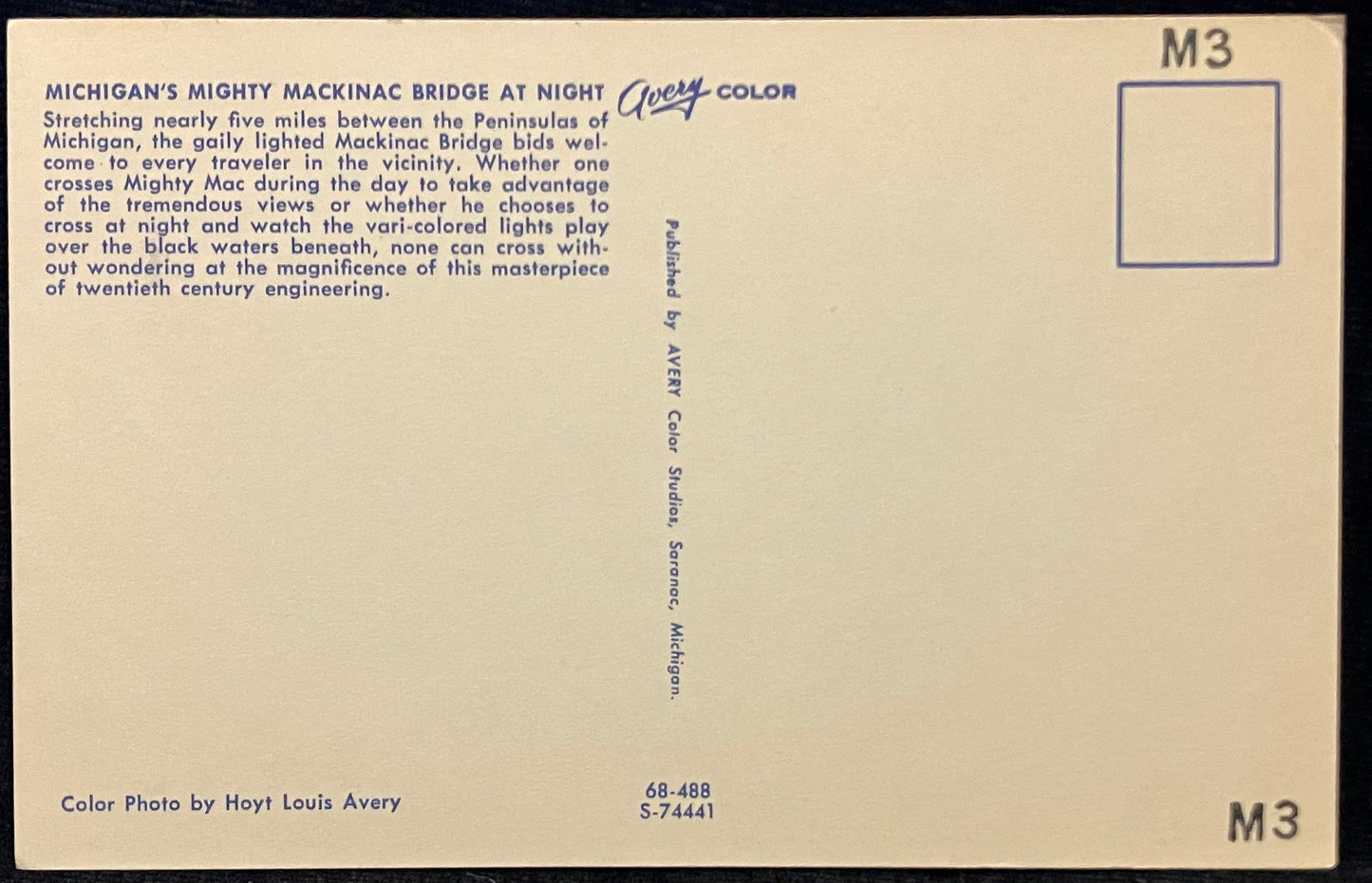 Michigan’s Mighty Mackinac Bridge at Night - Photo by Hoyt Louis Avery - Vintage Postcard
