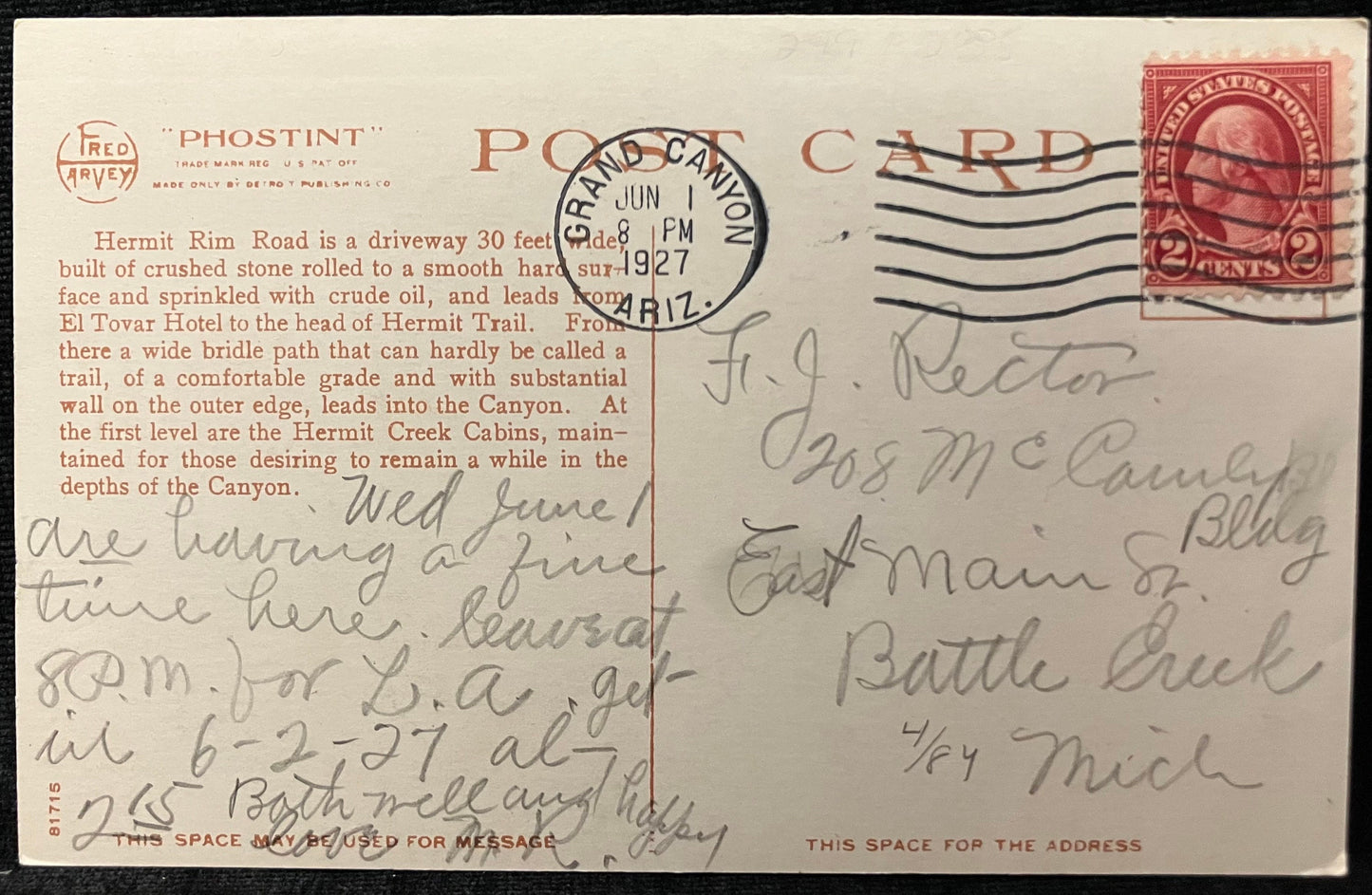 The Tower Cliffs - Hermit Creek Cabins - Grand Canyon National Park - Arizona - Vintage Postcard