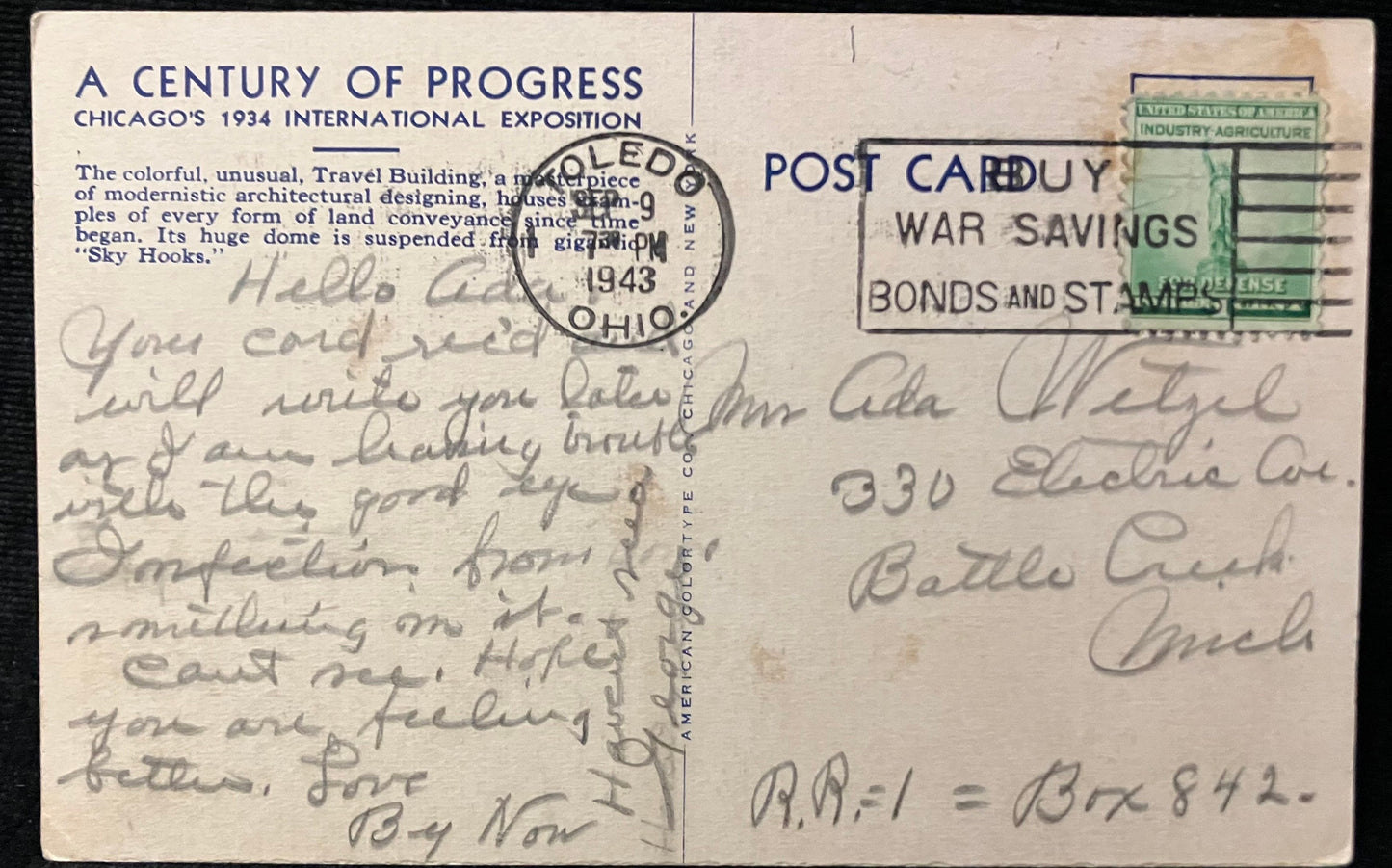Travel Building - Chicago, Illinois - Vintage Postcard with Exposition Stamp