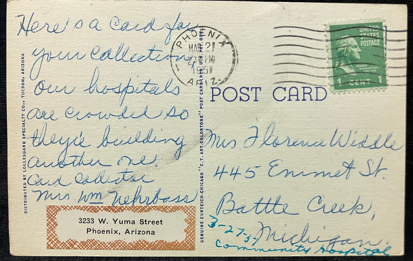 St. Joseph’s Hospital - Phoenix, Arizona - 1950s Linen Hospital Postcard