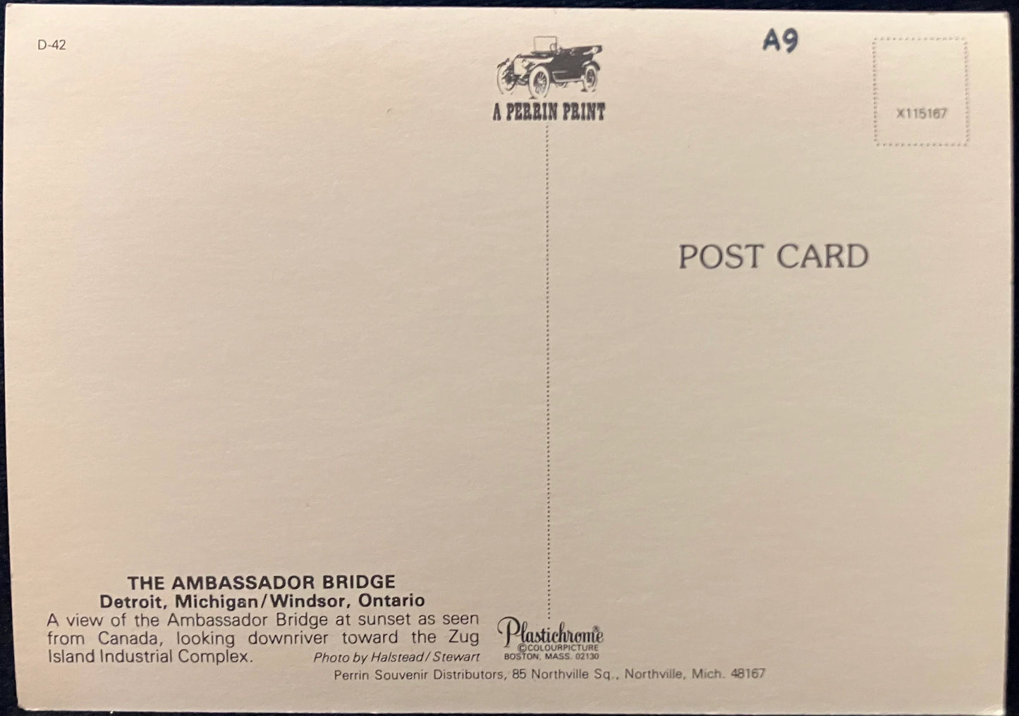 The Ambassador Bridge Detroit, Michigan/Windsor, Ontario - Photo: Halstead / Stewart - Vintage Postcard
