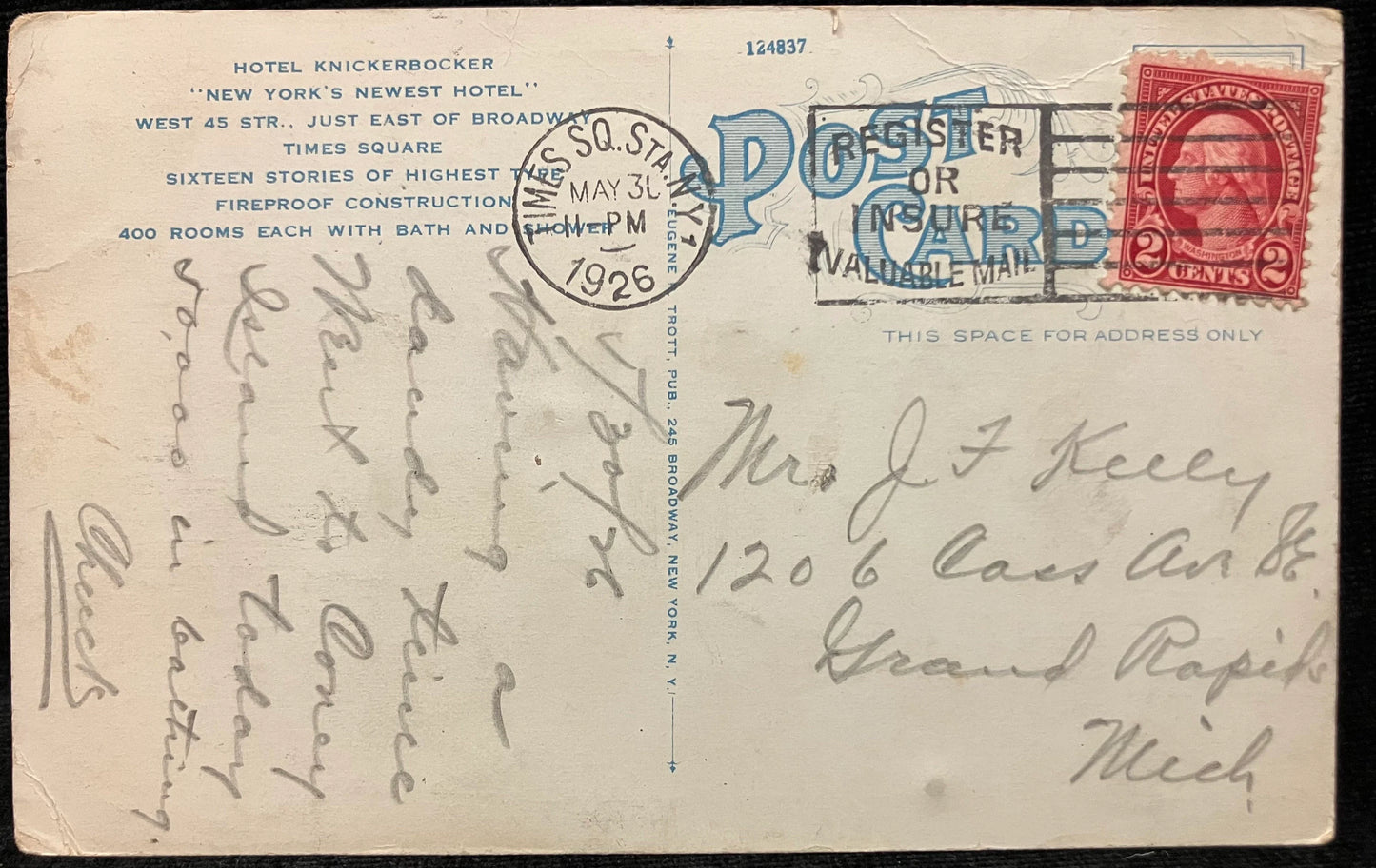 Hotel Knickerbocker, Just East of Broadway, Times Square, New York - Vintage Postcard