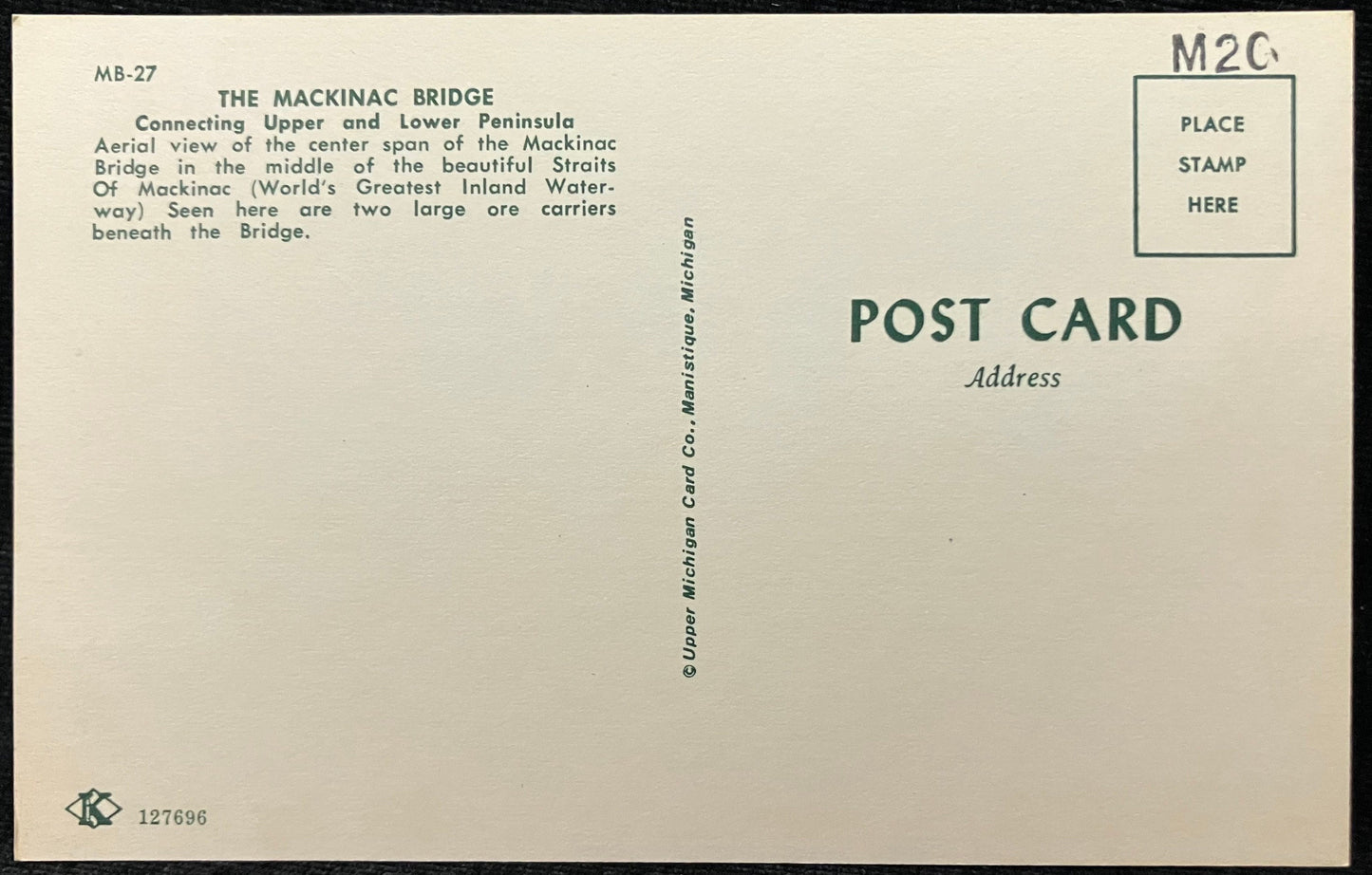 The Mackinac Bridge and Iron Ore Ships- Vintage Postcard