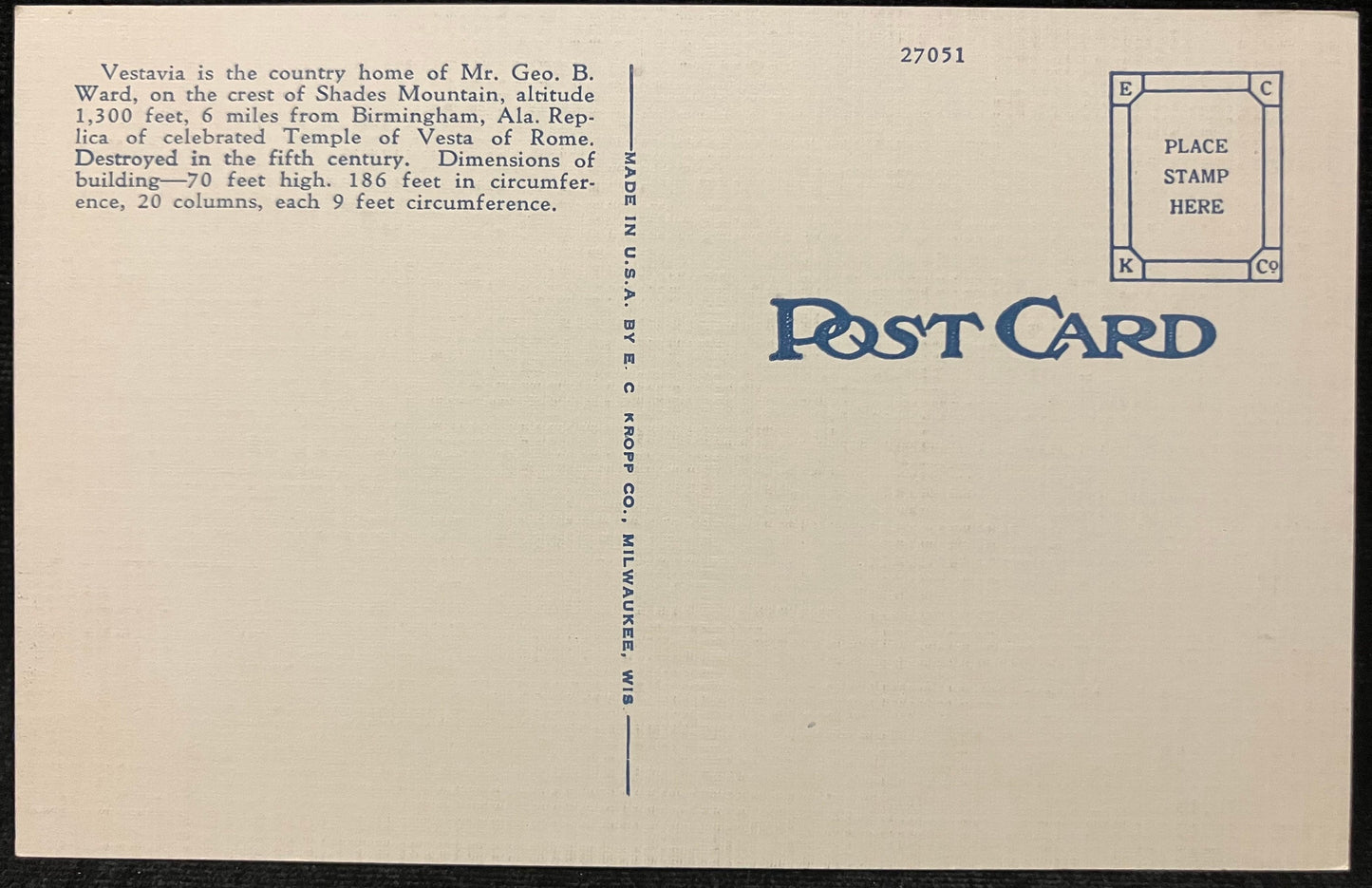 Vestavia Country Home - Mr. Geo. B. Ward - Crest of Shades Mountain - Birmingham, Alabama - 1940s Linen Postcard
