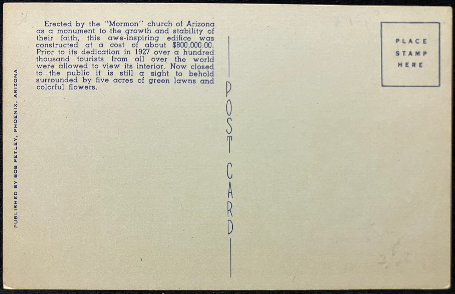 The Latter-Day Saints (“Mormon”) Temple - Mesa, Arizona - 1940s Linen Postcard