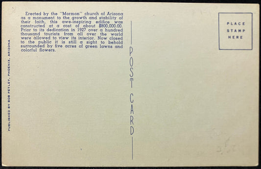 The Latter-Day Saints (“Mormon”) Temple - Mesa, Arizona - 1940s Linen Postcard