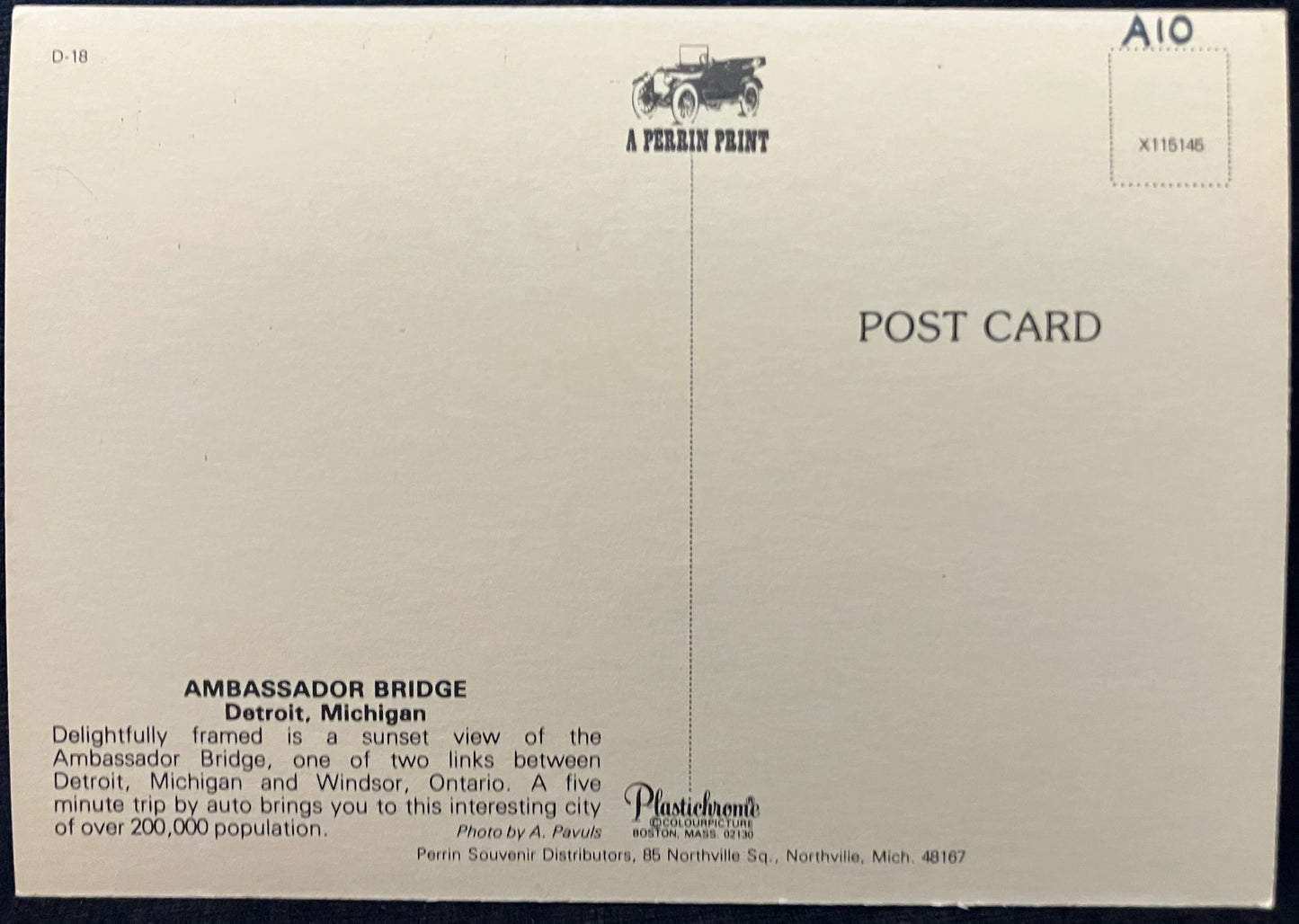 The Ambassador Bridge, Detroit, Michigan - Photo: A. Pavuls - Vintage Postcard