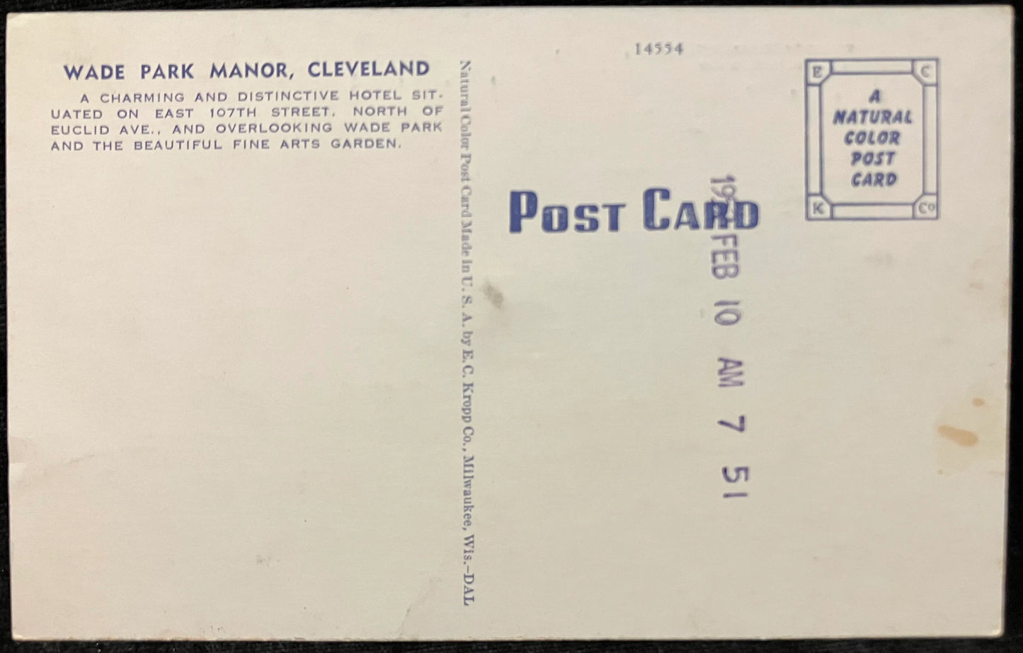 Wade Park Manor, Cleveland, Ohio - Vintage Postcard