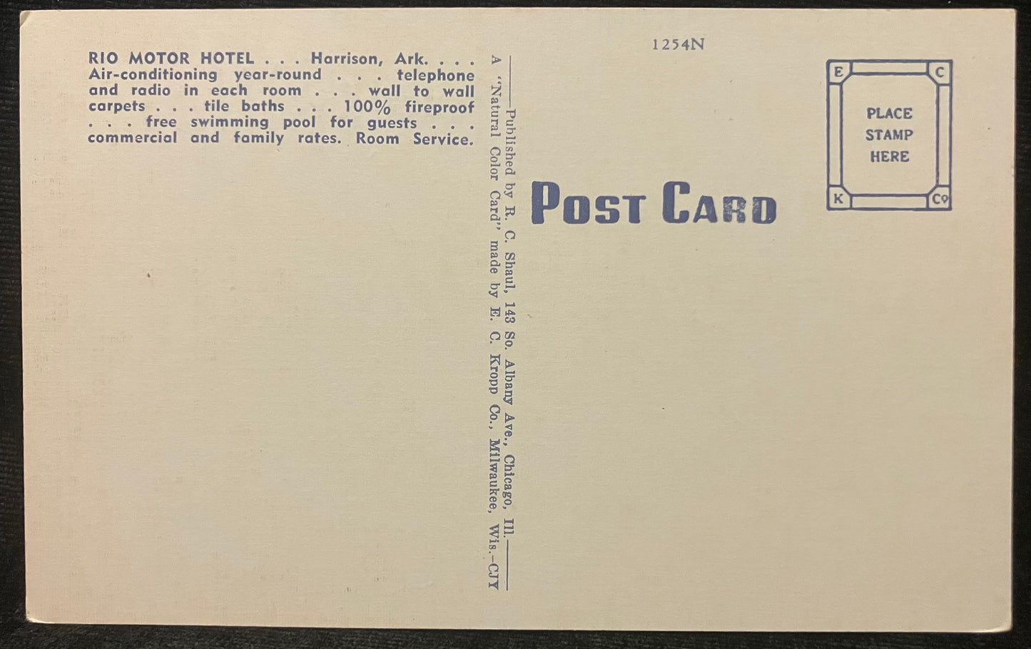 Rio Motor Hotel U. S. Hwy. 65 - 62, Arkansas - 1940s Linen Postcard