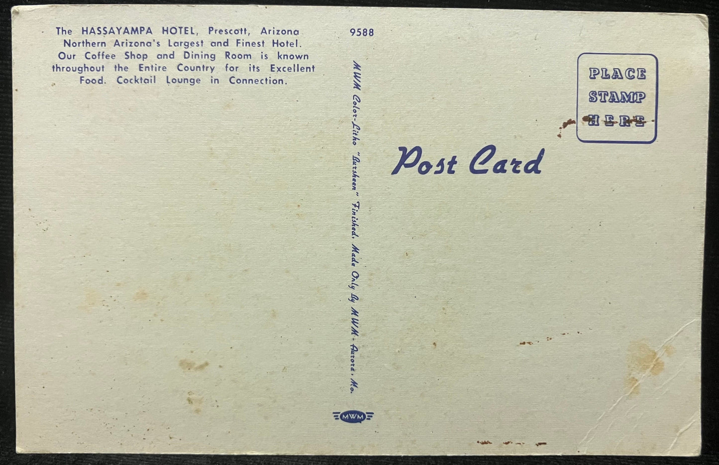 The Hassayampa Hotel - Prescott, Arizona - 1940s Linen Postcard