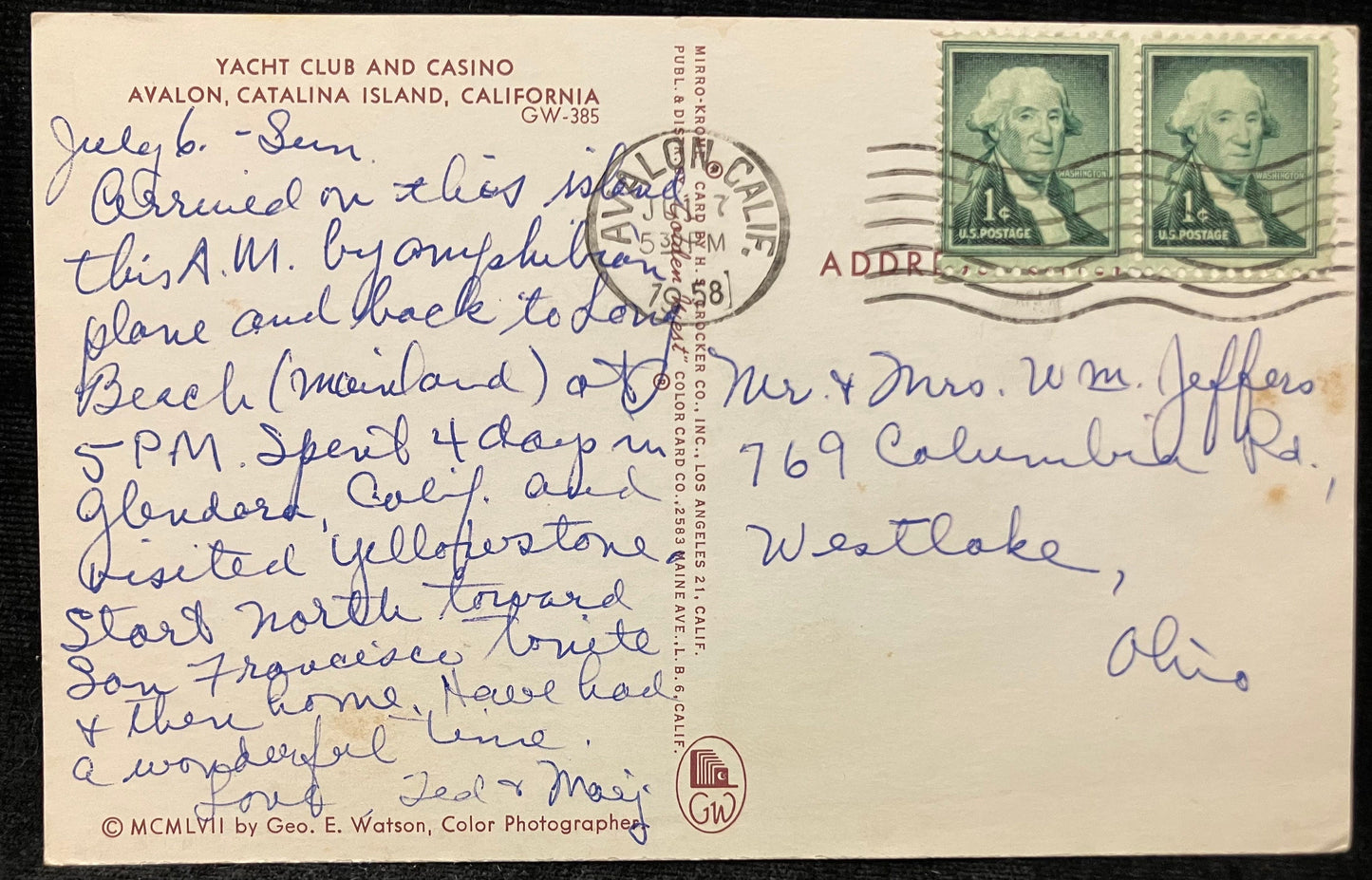 Yacht Club and Casino - Avalon Catalina Island, California - Photo by Geo. E. Watson - Vintage Postcard